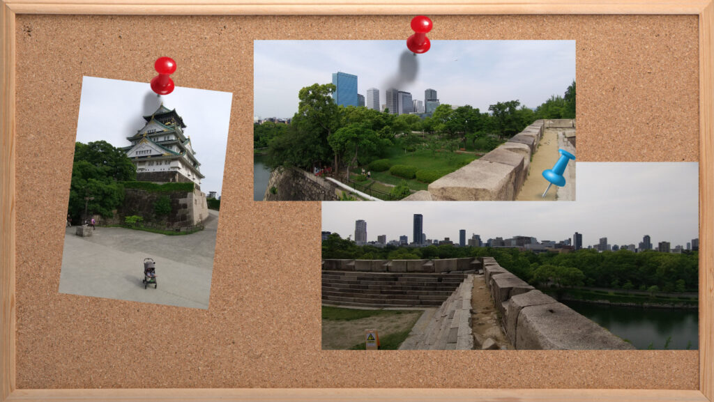 コルクボードに貼られた大阪城の写真3枚
